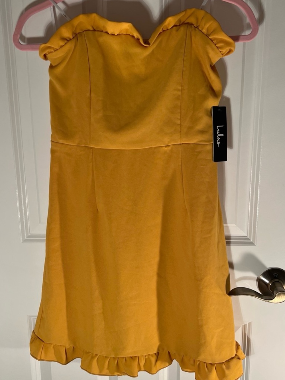 Lulu's Mustard Strapless Ruffle Mini Dress
